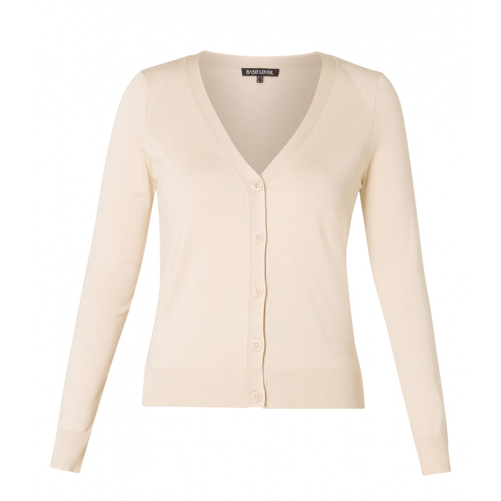 Front of a light beige cardigan witha wide V neckline and long sleeves. Front buttoning and contrasting ribbed hems and cuffs.