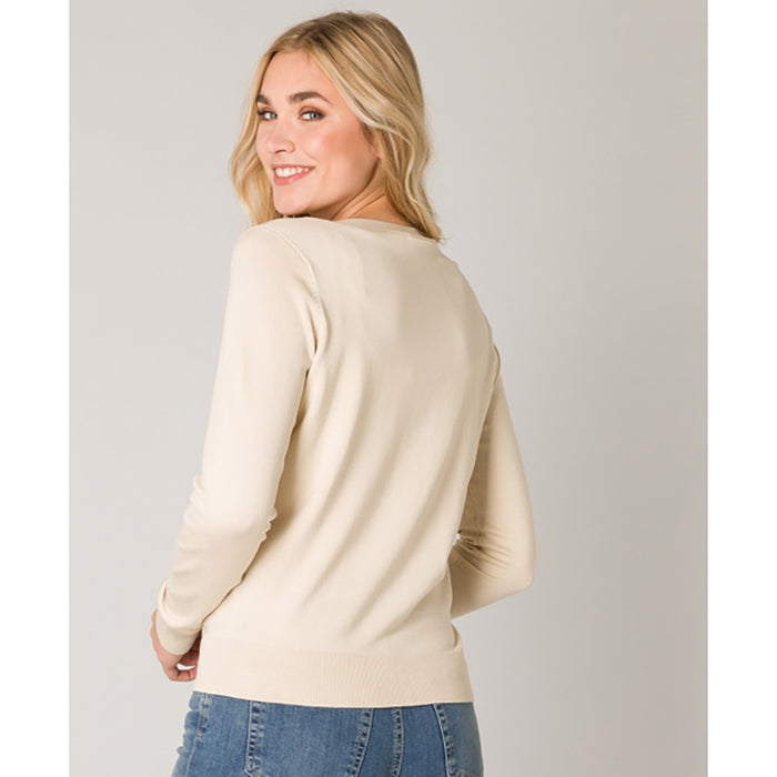 Back of Front of a light beige cardigan with long sleeves and contrasting ribbed hems and cuffs.