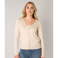 Front of Front of a light beige cardigan on a model with a wide V neckline and long sleeves. Front buttoning and contrasting ribbed hems and cuffs.