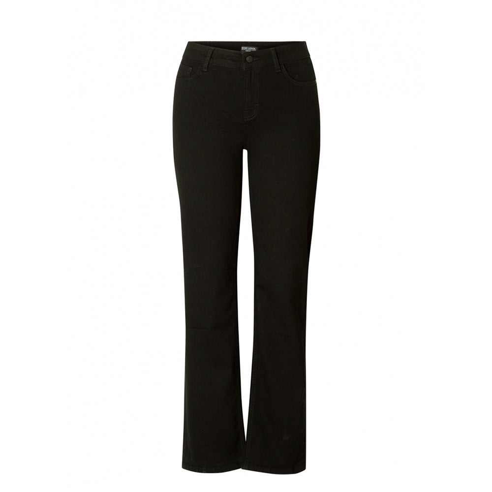 Front of black straight leg jeans with front hip pockets, belt loops and button to fasten. 