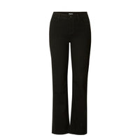 Front of black straight leg jeans with front hip pockets, belt loops and button to fasten. 