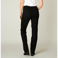 Back of black straight leg jeans with rear pockets and belt loops. 