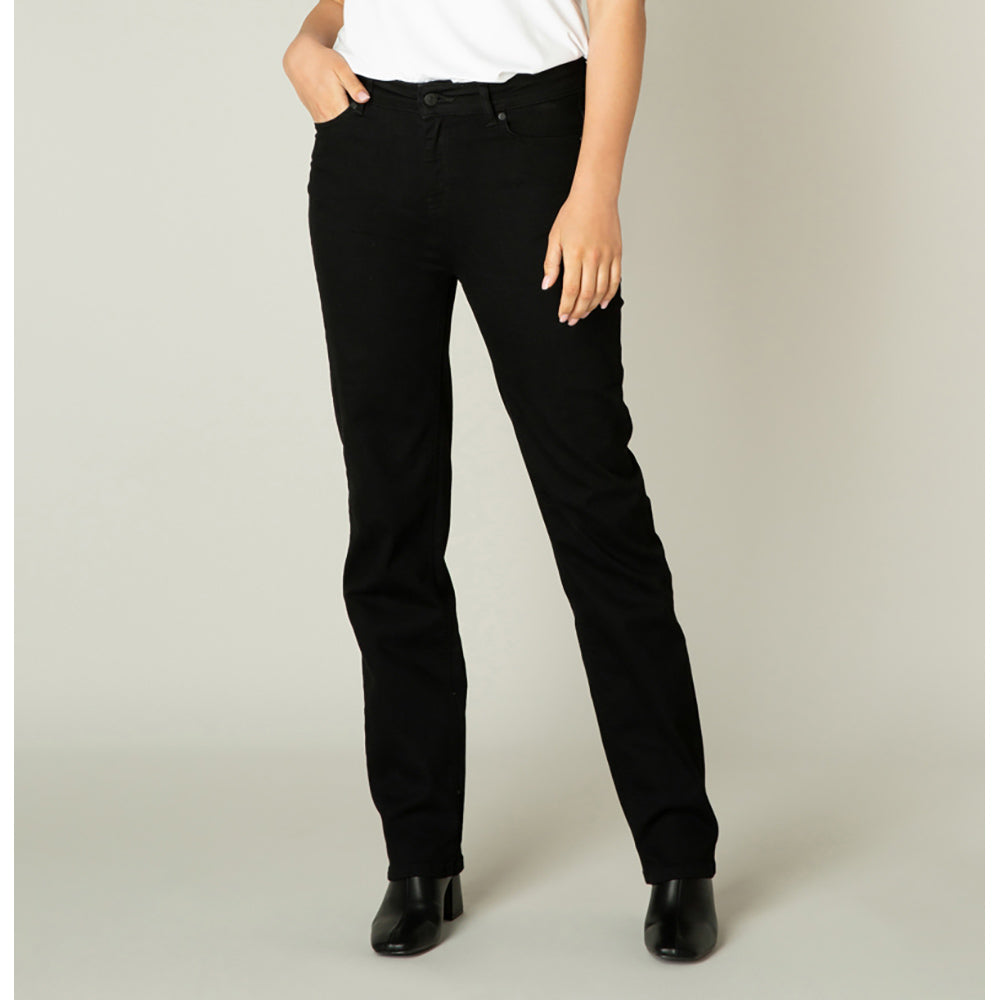 Front of black straight leg jeans with front hip pockets, belt loops and button to fasten. 