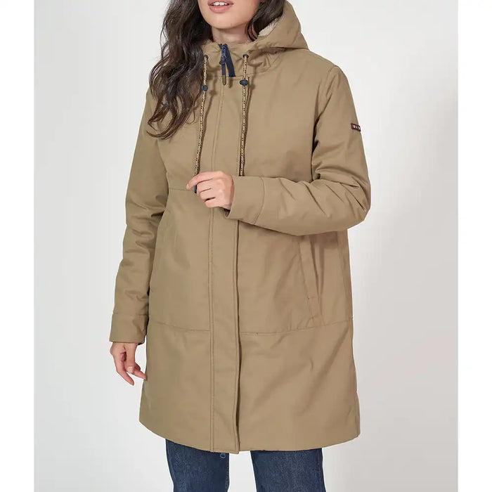 Person wearing a beige winter coat on a white background