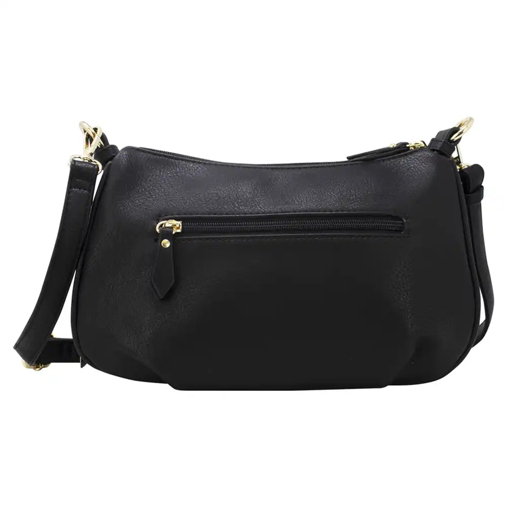 Black faux-leather shoulder bag with a front zippered pocket and gold-tone hardware, shown against a plain white background.