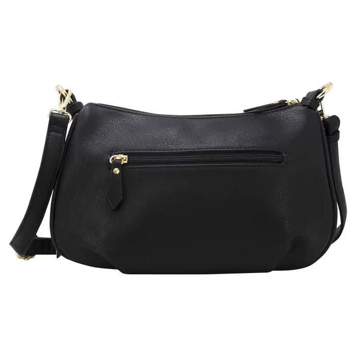 Black faux-leather shoulder bag with a front zippered pocket and gold-tone hardware, shown against a plain white background.