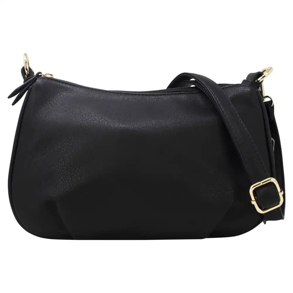 A black pebbled leather shoulder bag with gold-tone hardware, featuring a top zipper, a shoulder strap with a square buckle, and a small tassel detail on a plain white background.