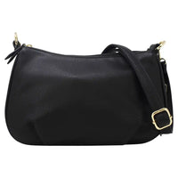 A black pebbled leather shoulder bag with gold-tone hardware, featuring a top zipper, a shoulder strap with a square buckle, and a small tassel detail on a plain white background.