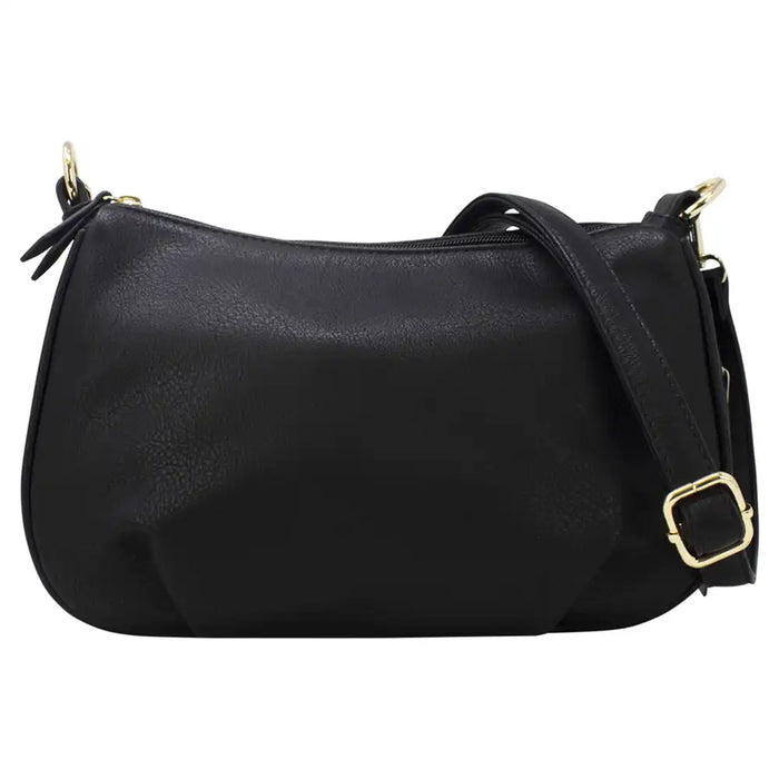 A black pebbled leather shoulder bag with gold-tone hardware, featuring a top zipper, a shoulder strap with a square buckle, and a small tassel detail on a plain white background.