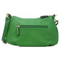 A bright green faux-leather shoulder bag with a front zippered pocket, gold-tone hardware, and a detachable shoulder strap, shown against a plain white background.
