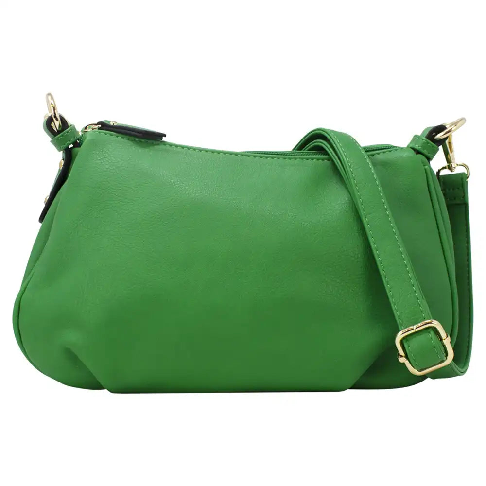 A green faux-leather shoulder bag with a matching adjustable strap and gold-tone hardware, shown against a plain white background.
