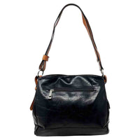 Black  bag with a horizontal zip down the front with a tan zip tab. Tan coloured handle. 