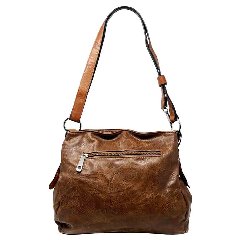Tan  bag with a horizontal zip down the front with a tan zip tab. Tan coloured handle. 