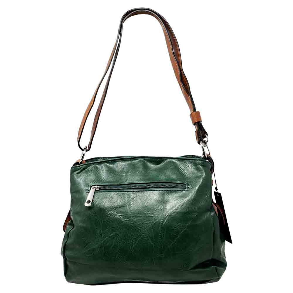 Dark green bag with a horizontal zip down the front with a tan zip tab. Tan coloured handle. 