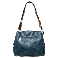 Teal Blue bag with a horizontal zip down the front with a tan zip tab. Tan coloured handle. 