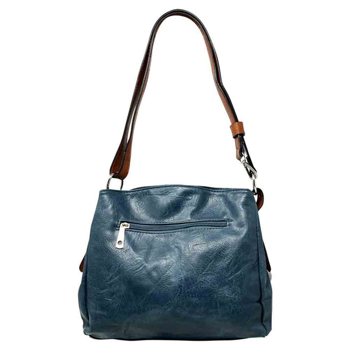 Teal Blue bag with a horizontal zip down the front with a tan zip tab. Tan coloured handle. 