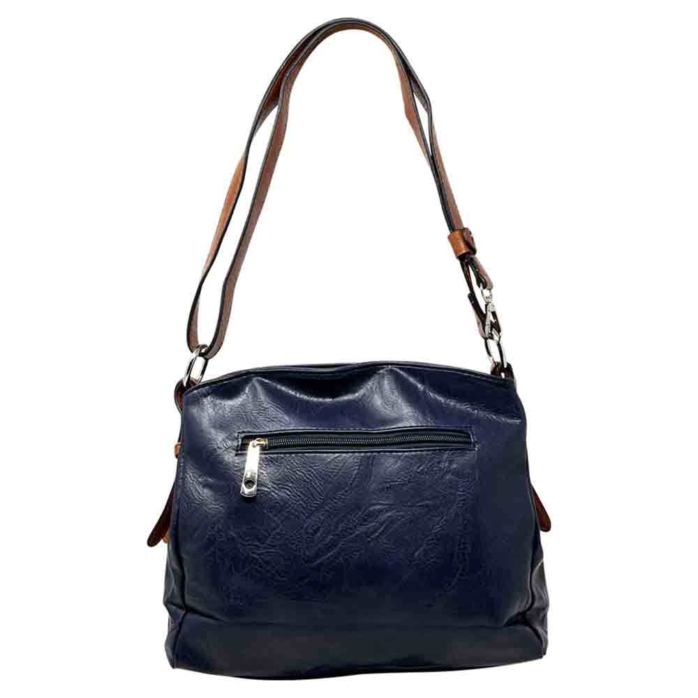 Dark BLUE bag with a horizontal zip down the front with a tan zip tab. Tan coloured handle. 