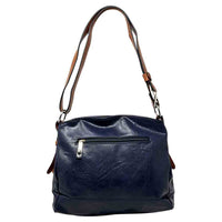 Dark BLUE bag with a horizontal zip down the front with a tan zip tab. Tan coloured handle. 