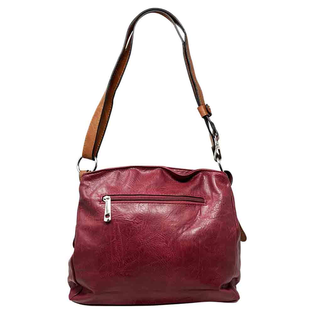 Red bag with a horizontal zip down the front with a tan zip tab. Tan coloured handle. 