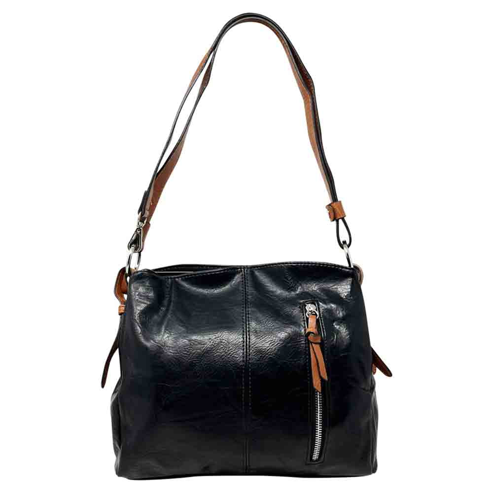 Black bag with a vertical zip down the front with a tan zip tab. Tan coloured handle. 