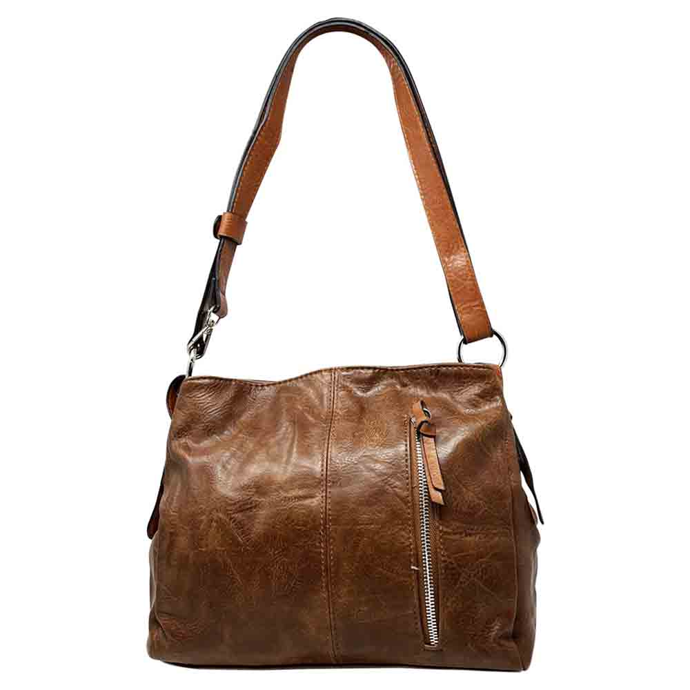 Tan bag with a vertical zip down the front with a tan zip tab. Tan coloured handle. 