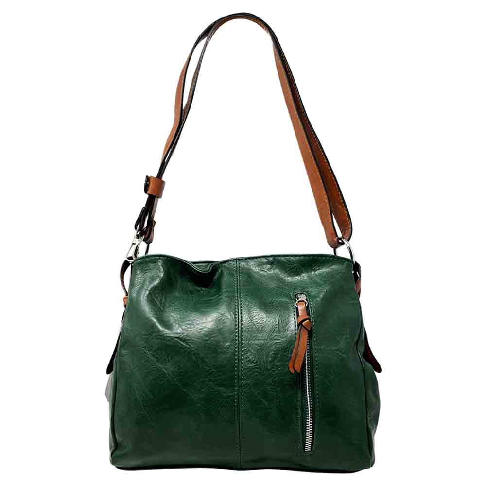 Dark green bag with a horizontal zip down the front with a tan zip tab. Tan coloured handle. 