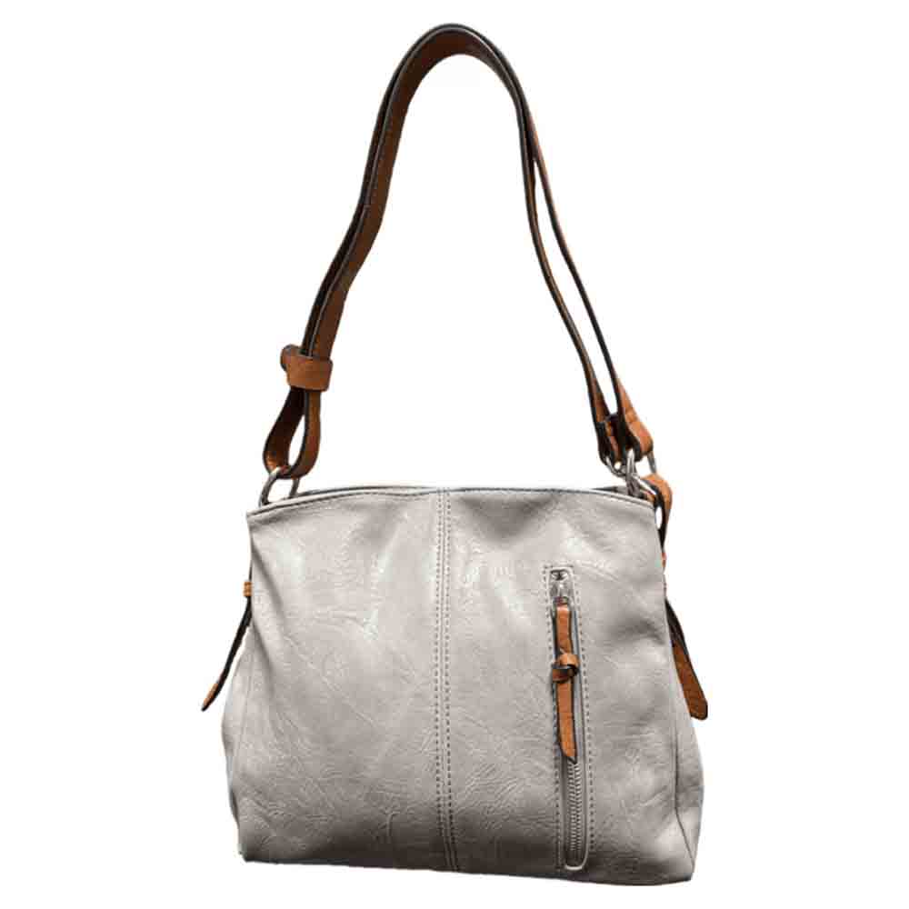 Grey bag with a horizontal zip down the front with a tan zip tab. Tan coloured handle. 