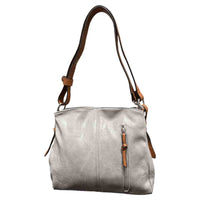 Grey bag with a horizontal zip down the front with a tan zip tab. Tan coloured handle. 