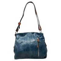 Teal Blue bag with a vertical zip down the front with a tan zip tab. Tan coloured handle. 