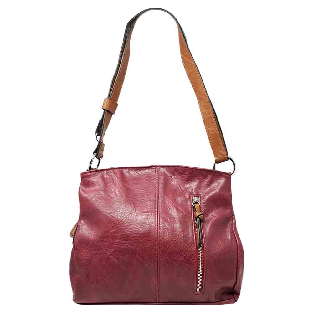 Red bag with a vertical zip down the front with a tan zip tab. Tan coloured handle. 