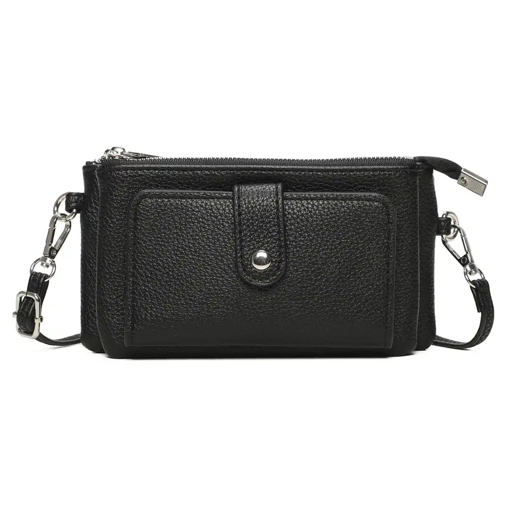 Black pebbled leather crossbody clutch bag with a front pocket, silver-tone hardware, and a detachable shoulder strap, shown on a plain white background.