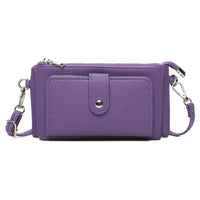 A purple textured faux-leather crossbody wallet with a front pocket, silver-tone snap button, and matching purple strap with silver hardware, shown on a plain white background.