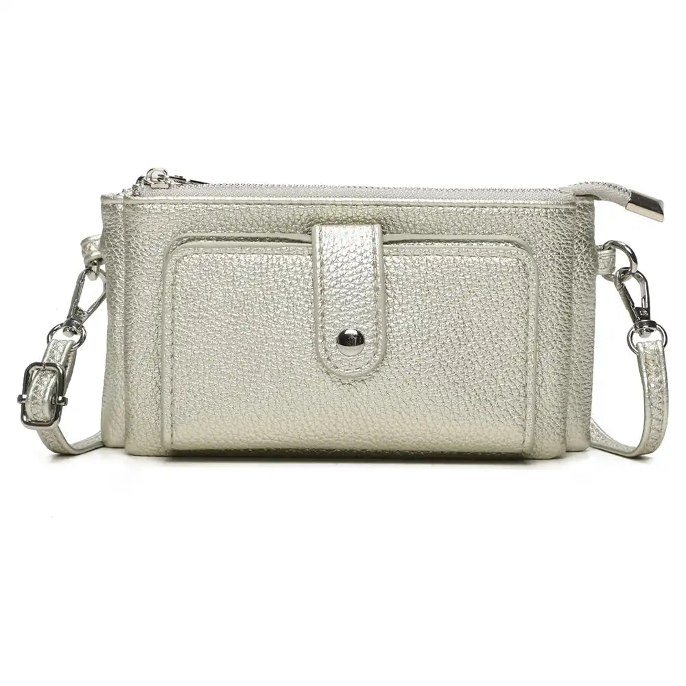 A silver pebbled leather crossbody wallet with a front pocket, top zipper, and silver hardware, shown on a plain white background.