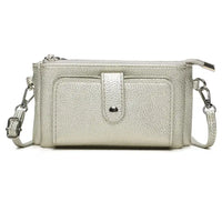A silver pebbled leather crossbody wallet with a front pocket, top zipper, and silver hardware, shown on a plain white background.