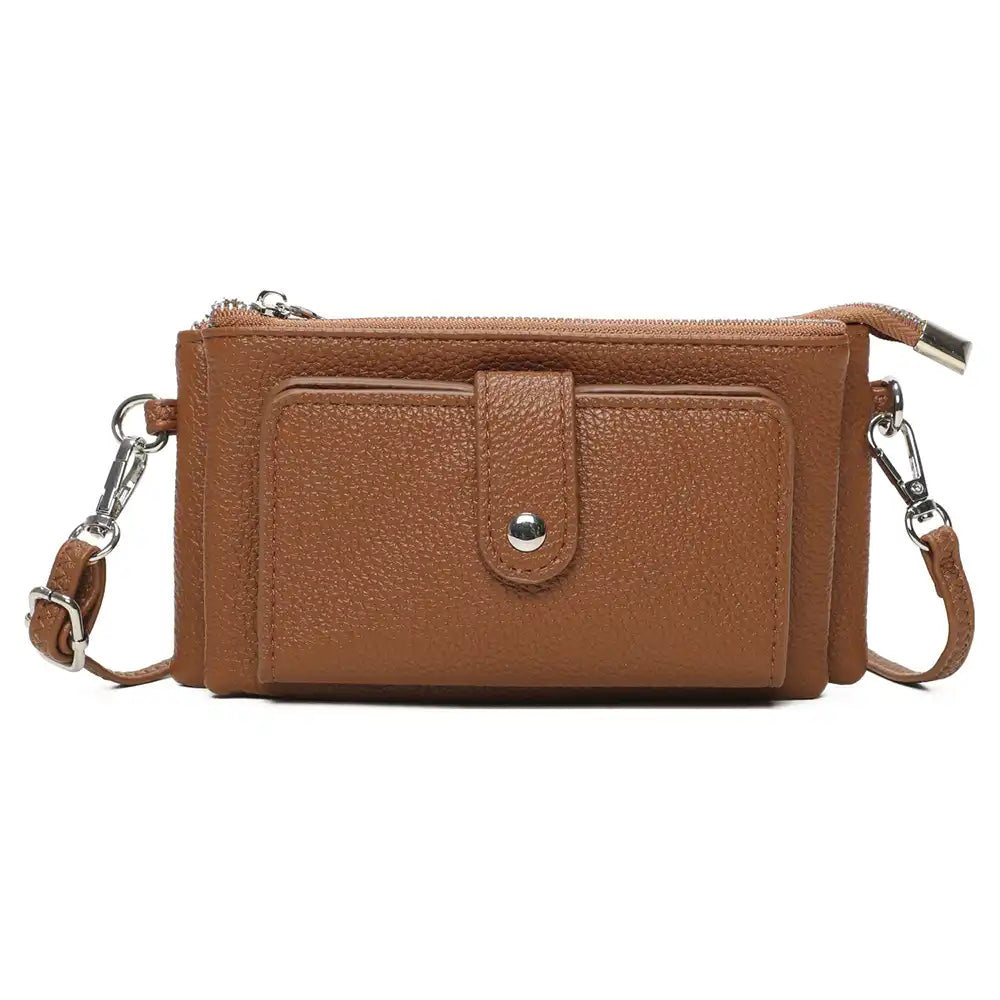 A brown pebbled faux-leather crossbody wallet with a front pocket secured by a snap button, shown on a plain white background.