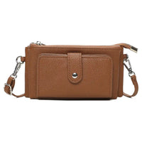 A brown pebbled faux-leather crossbody wallet with a front pocket secured by a snap button, shown on a plain white background.