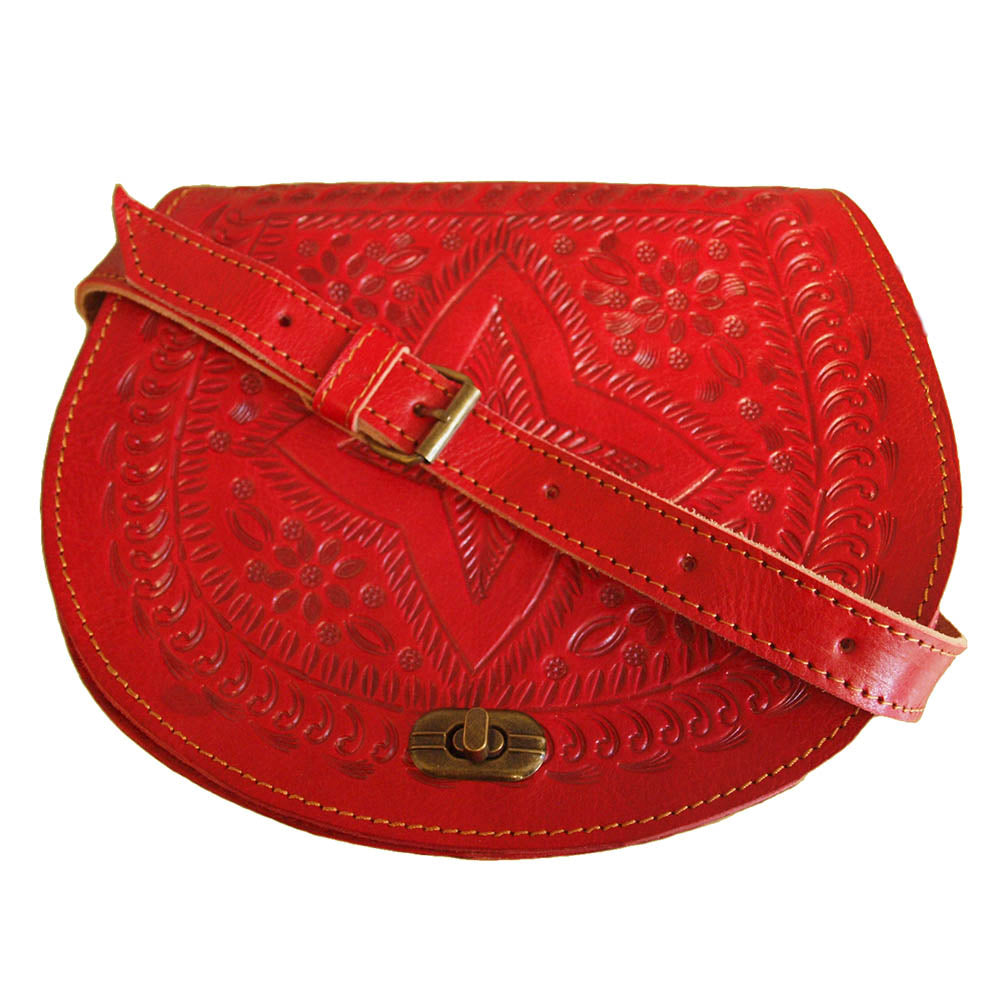 Moroccan Embossed Saddle Bag - Red