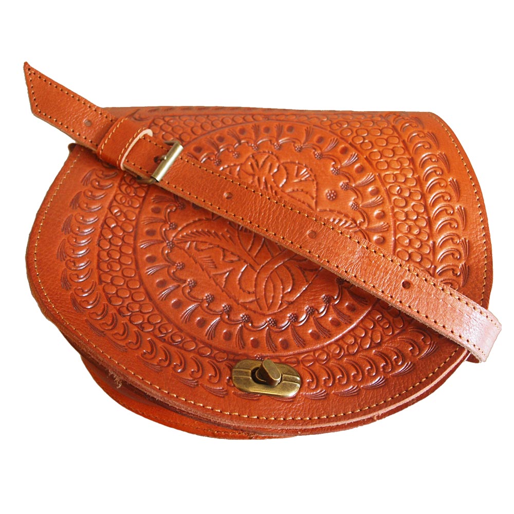 Moroccan Embossed Saddle Bag - Tan