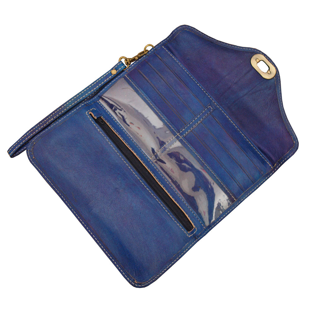 Large Leather Tri-Fold Purse - Blue