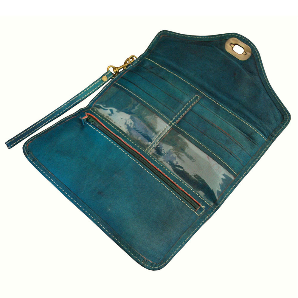 Large Leather Tri-Fold Purse - Teal