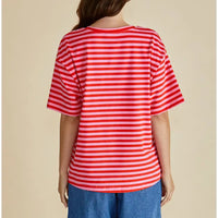 Back of red and pink stripe top with round neck and elbow length sleeves. 