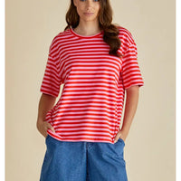 Front of red and pink stripe top with round neck and elbow length sleeves. 