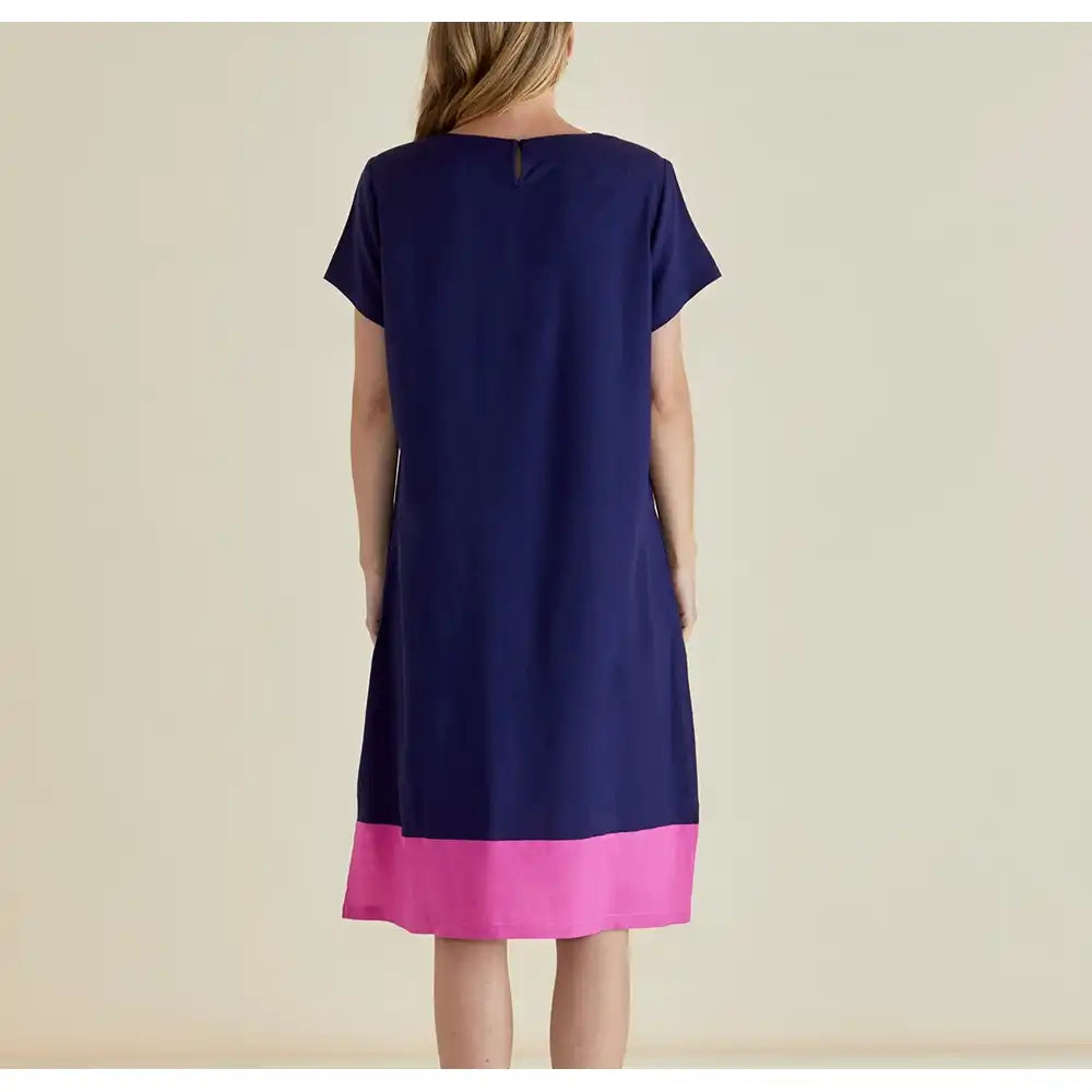 Navy short sleeve dress with a pink band at the bottom 