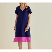 Navy V neck and short sleeve dress with a pink band at the bottom 