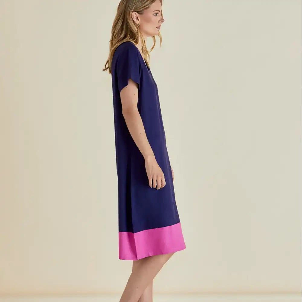 Navy short sleeve dress with a pink band at the bottom 