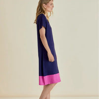 Navy short sleeve dress with a pink band at the bottom 