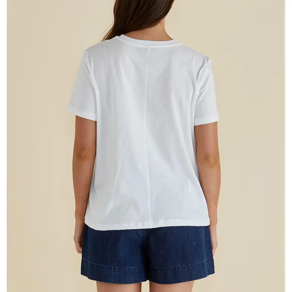 Model wearing a white tee shirt short sleeves. 