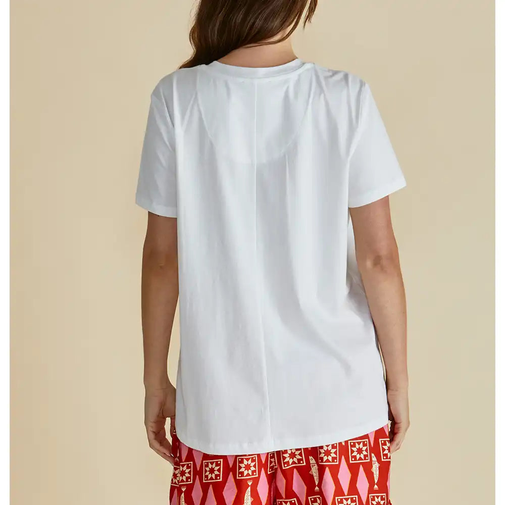 White tee with short sleeves. 