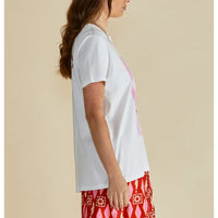 White tee with short sleeves. 