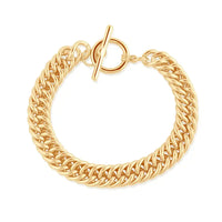 tight chained bracelet in gold with a T-bar and hoop fastening.